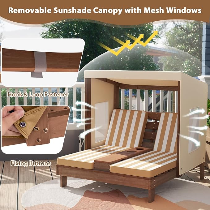 Costzon Kids Lounge Chair Outdoor, Wood Double Seat Chaise Lounge - Image 2