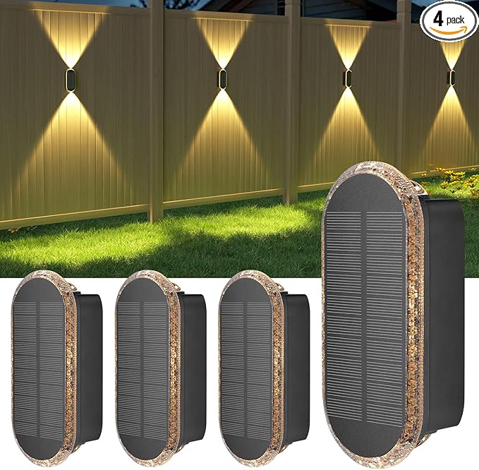 Ellasay Fence Lights Solar Powered: 4 Pack Solar Wall Lights Outdoor Up and by ELLASAY