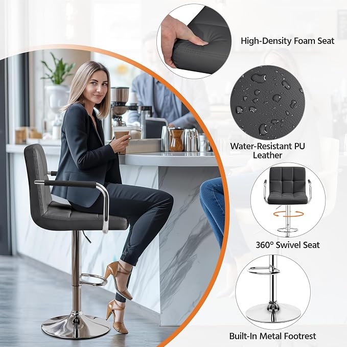 Yaheetech Bar Stools Set of 2, Adjustable PU Leather Swivel Barstools, Modern - Image 6