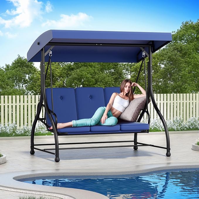 3-Seat Patio Swing Chair Outdoor Heavy Duty Steel Frame - Image 8