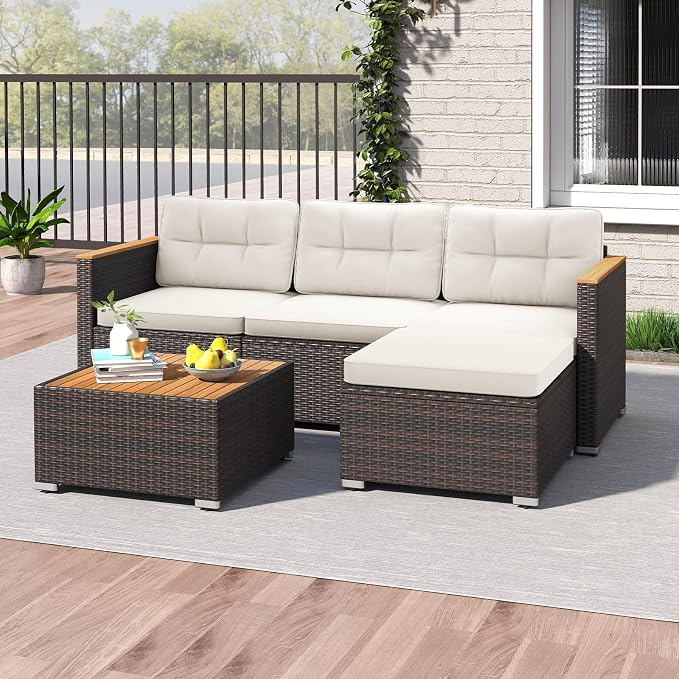 Tangkula 5 Pieces Outdoor Patio Furniture Set, L Shaped Rattan Cushioned Chairs - Image 4