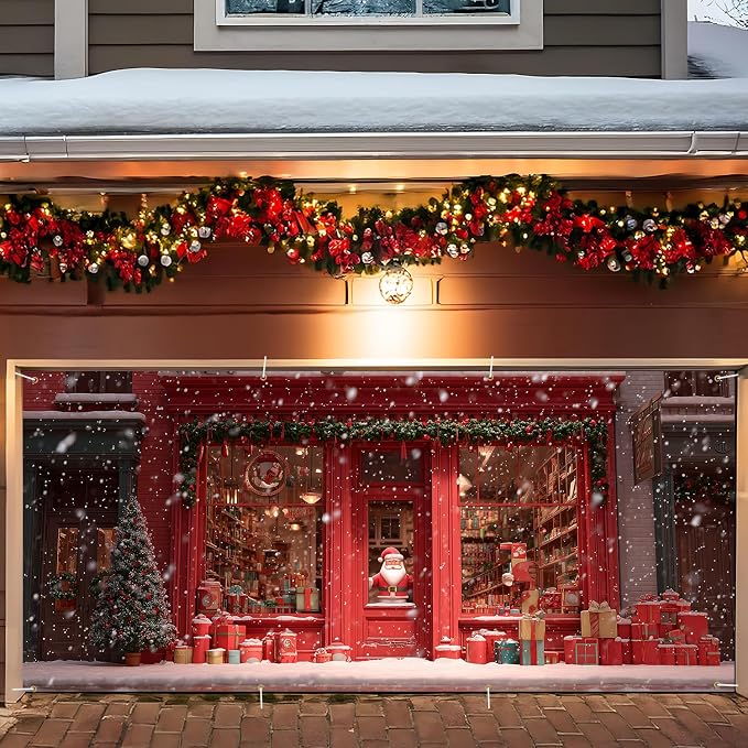 ANNA QUEEN Christmas Garage Door Banner 6×13 FT, Santa’s Red Gift Shop Window by ANNAQUEEN