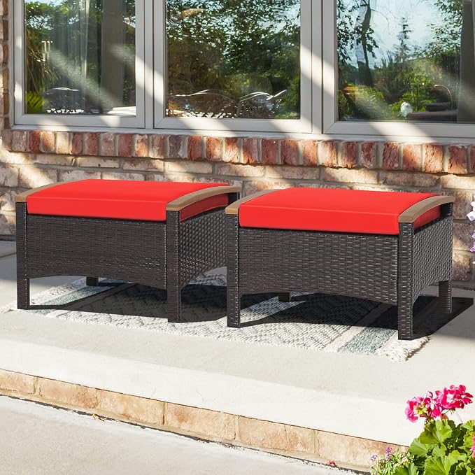 Tangkula 2 Piece Patio Rattan Ottomans, Outdoor Wicker Footstool w/Acacia Wood - Image 2
