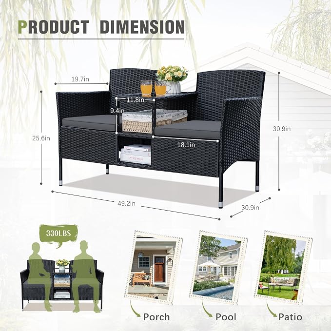 Greesum Patio Loveseat Outdoor Wicker Furniture Conversation Set - Image 7