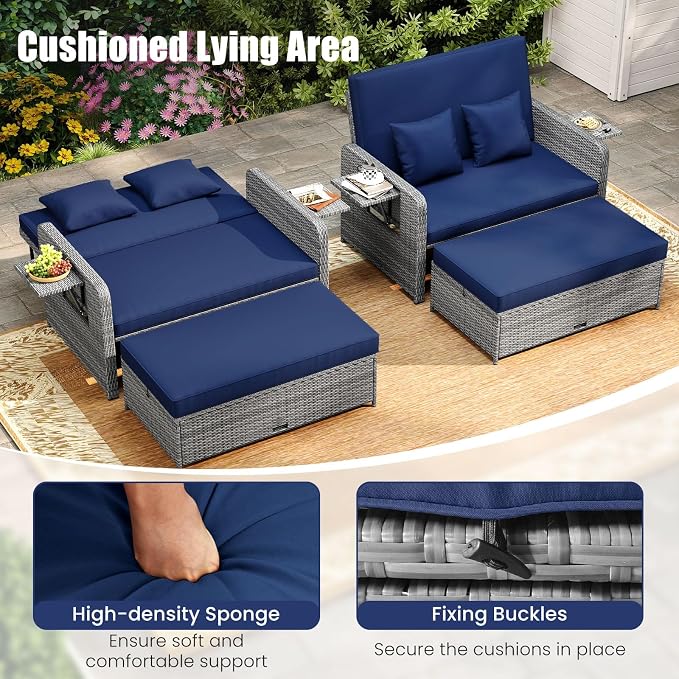 LDAILY Moccha Outdoor Daybed, Wicker Loveseat Sofa Set - Image 4