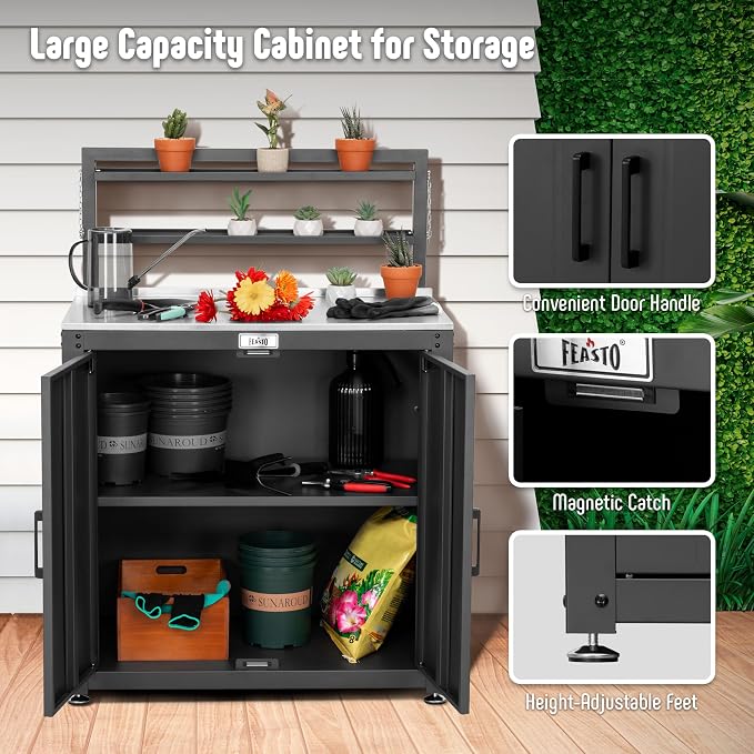Garden Potting Bench with Storage Cabinet, Outdoor Gardening Table & Work Bench - Image 3