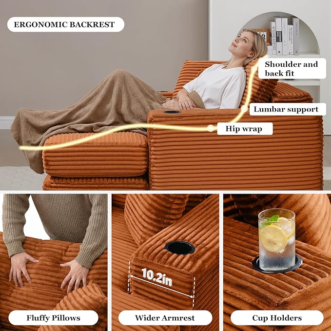 HANXIN 62" Chaise Lounge Chair Indoor, Oversized Corduroy Boneless Convertible - Image 5