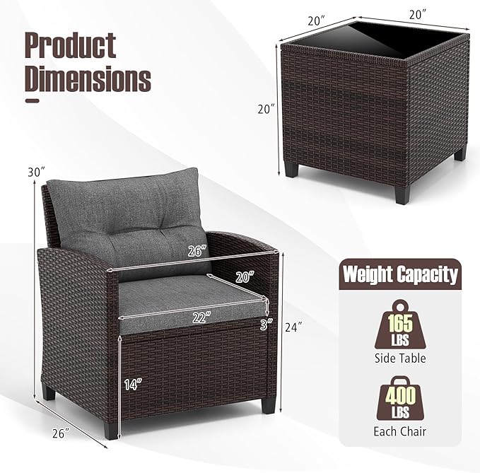 Tangkula 3 Pieces Patio Furniture Set, PE Rattan Wicker 3 Pcs Outdoor Sofa Set - Image 8