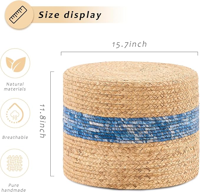 Handwoven Water Hyacinth Ottoman Pouf, Round Outdoor Footstool - Image 3