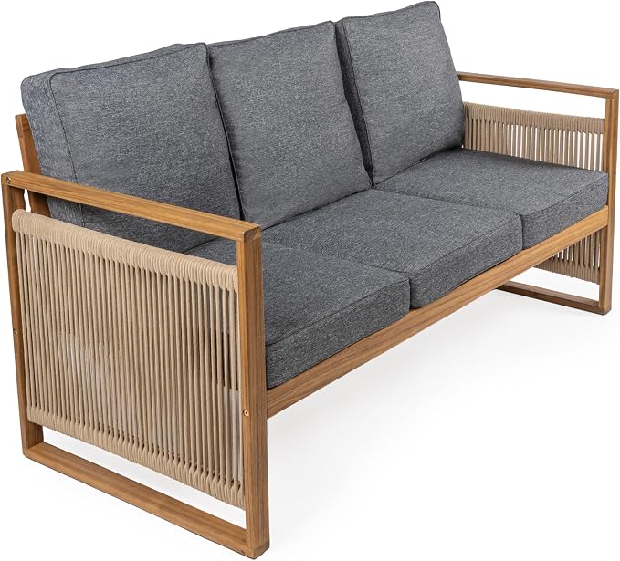 JONATHAN Y SFB1002B Gable 3-Seat Mid-Century Modern Roped Acacia Wood Outdoor by JONATHANY