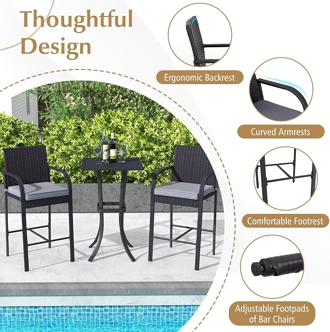 Tangkula 3 Piece Patio Wicker Bar Set, Outdoor Rattan Counter Height Cushioned - Image 8