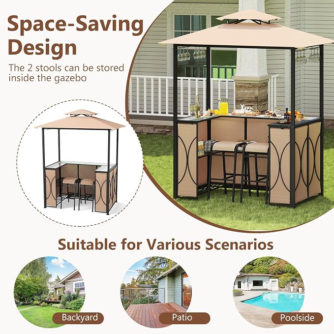 Tangkula 3-Piece Patio Bar Set, Grill Gazebo & 2 Bar Stools - Image 9