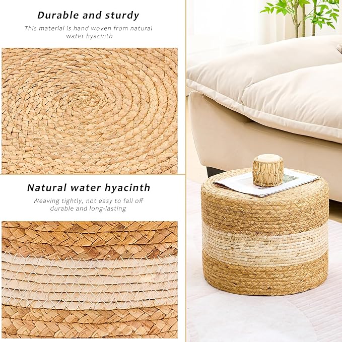 Handwoven Water Hyacinth Ottoman Pouf, Round Outdoor Footstool - Image 6