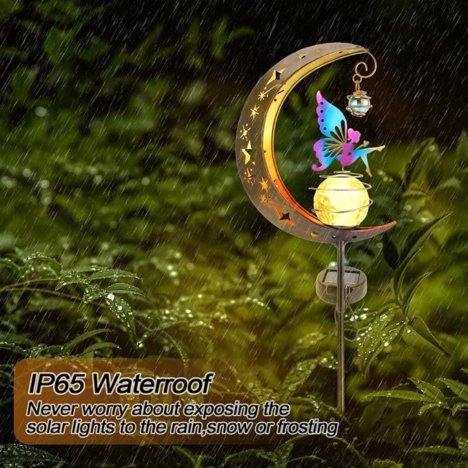 Solar Fairy Garden Light Decor, Moon Fairy Stake Lights, Crackle Glass Globe - Image 4