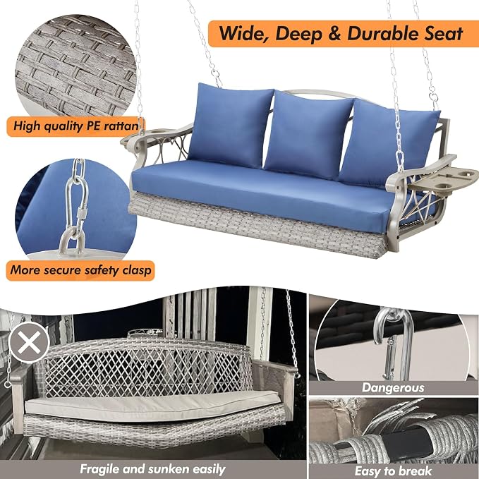 Heavy Duty 900 LBS Porch Swing Chair 3-Person Outdoor Rattan Patio Swing Lounge - Image 2