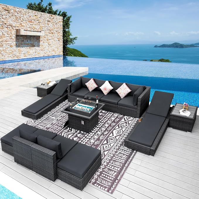 NICESOUL 13 Piece Patio Sectional w/Fire Pit, Modular Wicker Outdoor Couch by NICESOUL