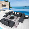 NICESOUL 13 Piece Patio Sectional w/Fire Pit, Modular Wicker Outdoor Couch by NICESOUL