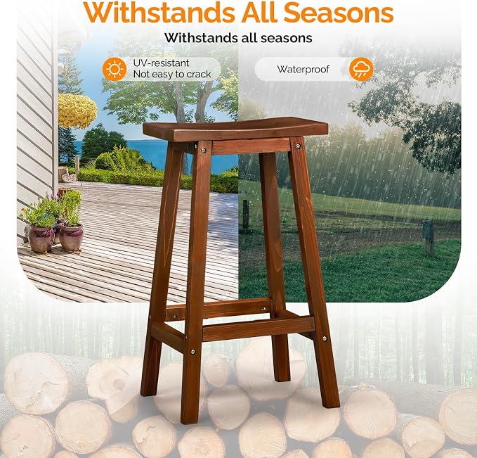 VINGLI Outdoor Bar Stools Set of 2, Solid Cedar Wood Barstools - Image 5