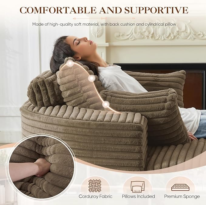 Oversized Round Chaise Longue Chair Indoor, Modern 55-inch Upholstered Corduroy - Image 4