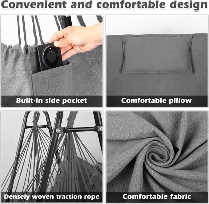 Hammock Chair with U Shape Stand, Cotton Swing Chair with Side Pocket, - Image 4