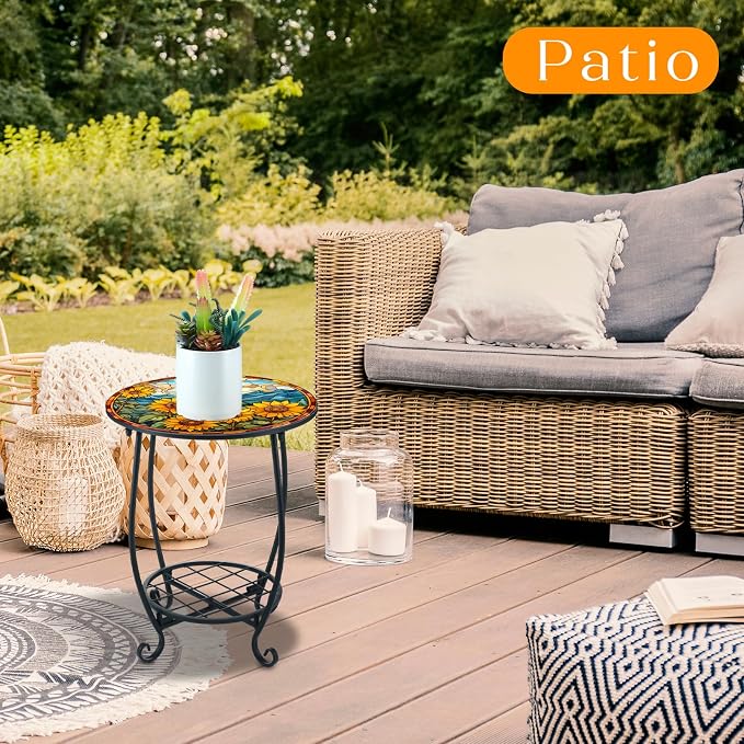 Outdoor Side Table Round Small Mosaic Patio Accent Indoor End Plant Coffee Tea - Image 2