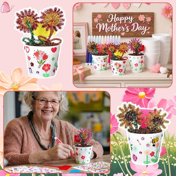 Funnymoom 48 Set Paintable Flower Pot Craft Kit DIY Spring Pots Craft - Image 6