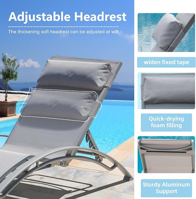Domi Pool Lounge Chairs Set of 3, Adjustable Aluminum Outdoor Chaise Lounge - Image 7