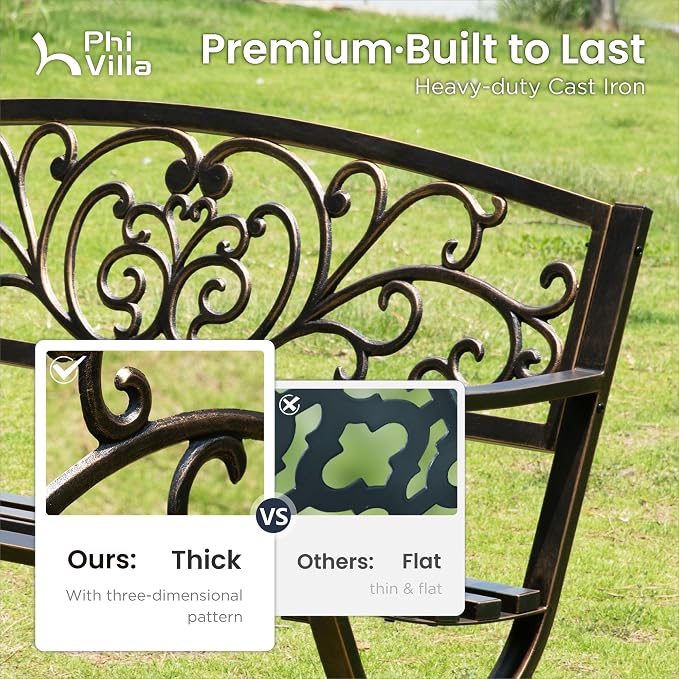 PHI VILLA 50Inch Cast Iron Steel Frame Garden Bench Patio Furniture Chair - Image 3