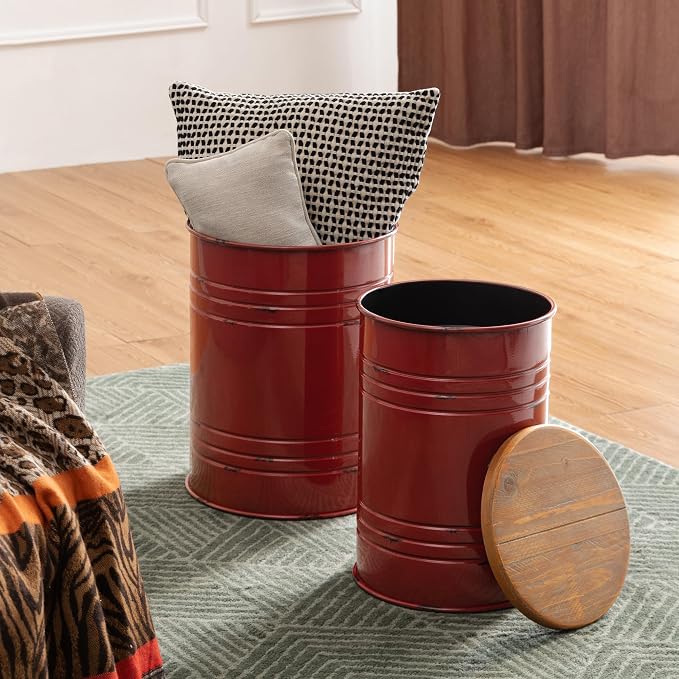 Glitzhome Rustic End Table Set of 2, Farmhouse Galvanized Metal Barrel Ottoman - Image 8