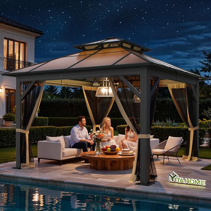 YITAHOME 10X12FT Polycarbonate Gazebo Outdoor Patio Double Top Canopy - Image 2