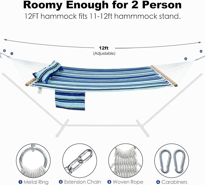 2 Person 12FT Hammocks for Outside, Double Quilted Fabric Outdoor Hammock - Image 3