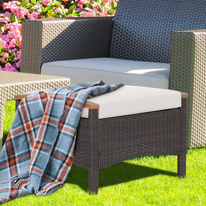 Tangkula 2 Piece Patio Rattan Ottomans, Outdoor Wicker Footstool w/Acacia Wood - Image 3