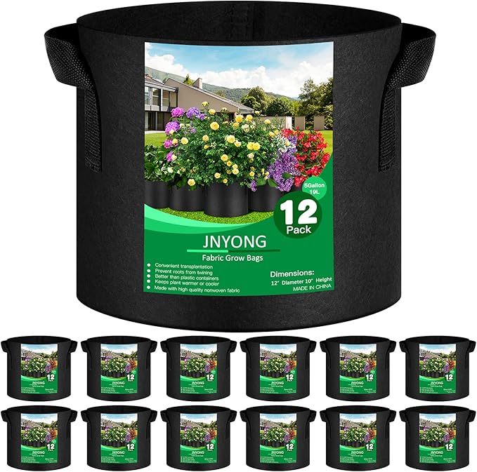 12-Pack 5 Gallon Thickened Non-Woven Grow Bags, Aeration Fabric Pots by JNYONG