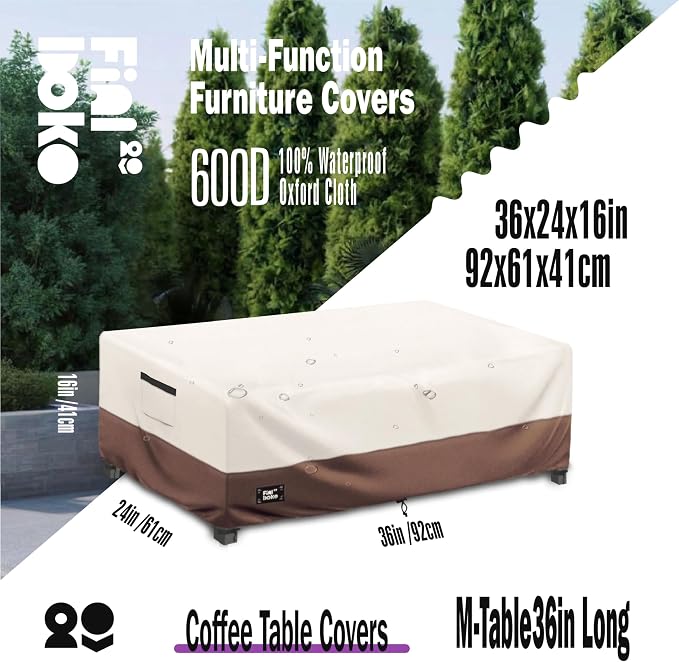 Patio Coffee Table Cover, 100% Waterproof 600D Heavy Duty Outdoor Table Cover - Image 2