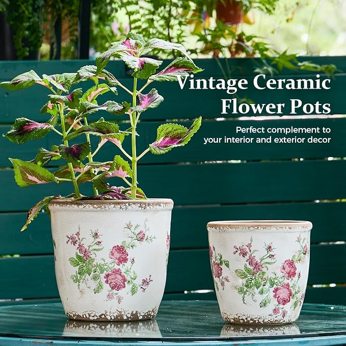 Vintage Ceramic Planter with Drainage Hole, Plastic Tray & Mesh, 6.5 Inch - Image 3
