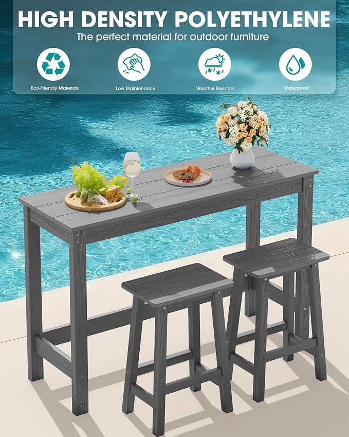 SERWALL 3-Piece Outdoor Bar Set, Rectangular All Weather HDPE Bar Height Patio - Image 8
