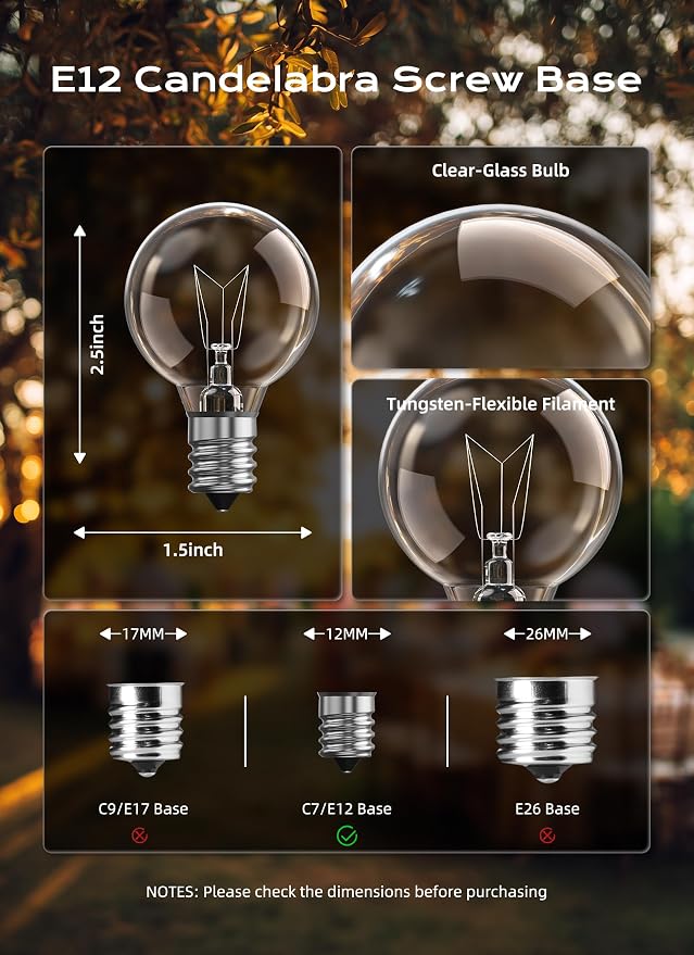 Brightown G40 Replacement Light Bulbs, E12 Candelabra Base, Incandescent Round - Image 2