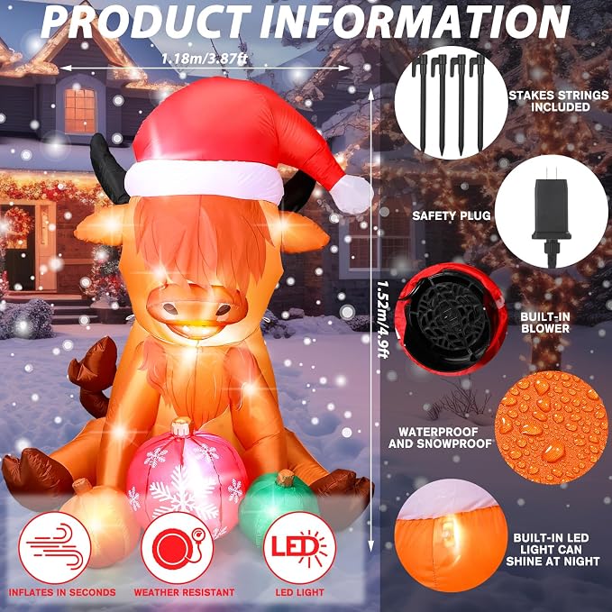 VIHOSE 4.9 FT Christmas Inflatable Cow Decoration Inflatable Highland Cow Cute - Image 2