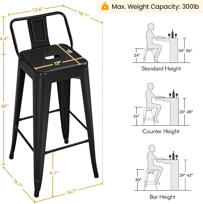 Yaheetech Bar Stools Set of 4, Metal Counter Height Chairs, 30 Inch Industrial - Image 3