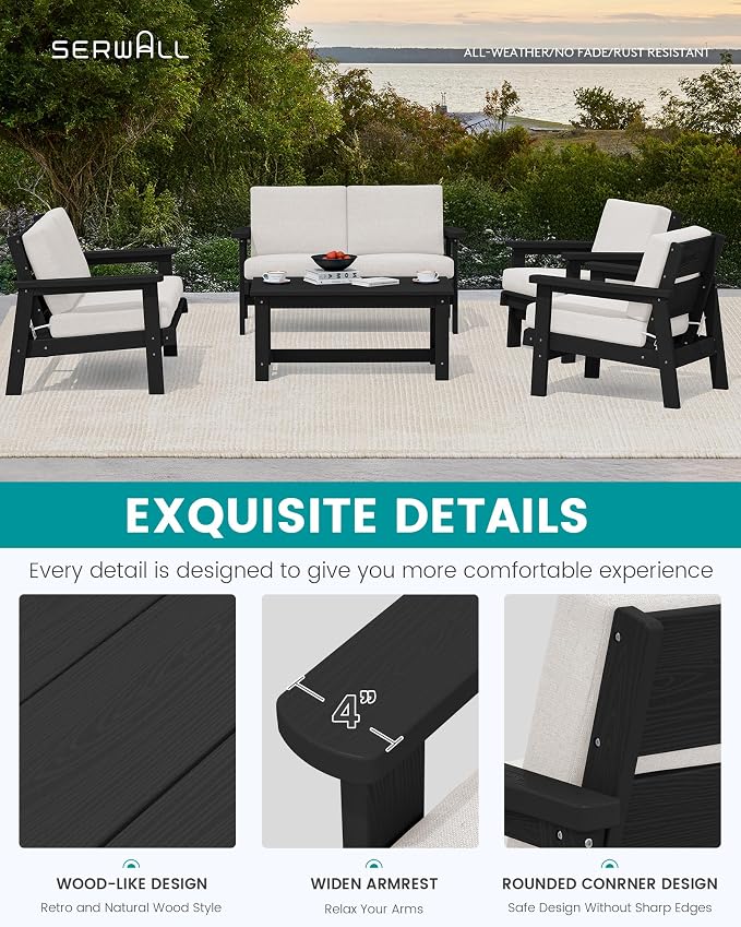 SERWALL HDPE Patio Furniture Set, 5 Piece All Weather Wood-Like Sectional - Image 4