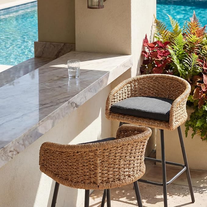 25" Outdoor Counter Height Bar Stools Set of 2, Modern Patio Wicker Bar Chairs - Image 4
