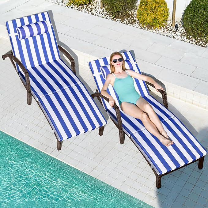 Chaise Lounge Chairs Outdoor Set of 2, Comfy Outside Wicker Patio Pool Lounge by ZZWHOM