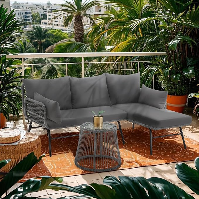 Bezseller 3-Piece Outdoor Patio Furniture Set – L-Shaped Rattan Sectional Sofa by Bezseller