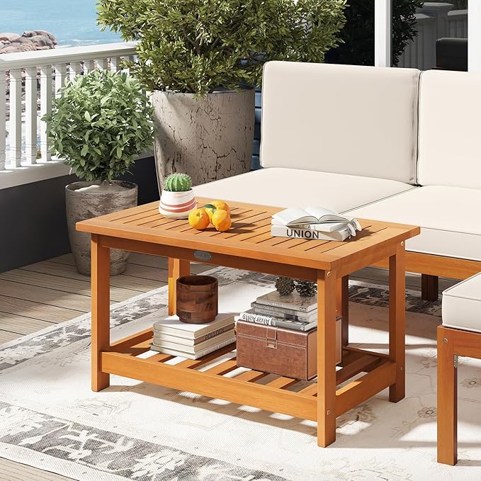 Tangkula Outdoor Acacia Wood Coffee Table, Patio 29.5” Rectangle Slatted 2 Tier - Image 4