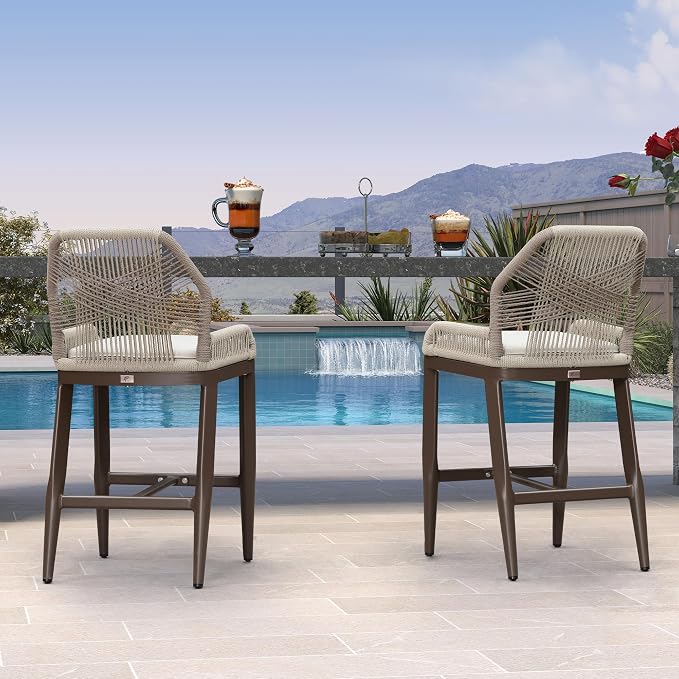PURPLE LEAF Patio Bar Stool Counter Height Set of 2 Outdoor Rattan Chairs - Image 3
