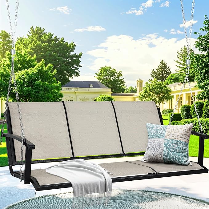 Textilene 3 Seat Hanging Swing, 5.2FT Patio Bench Swing, 660lbs Heavy Duty by jamege