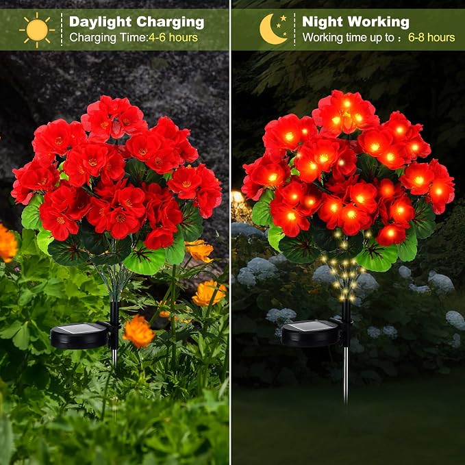 2 Pcs Solar Geraniums Lights Outdoor Waterproof - Image 5