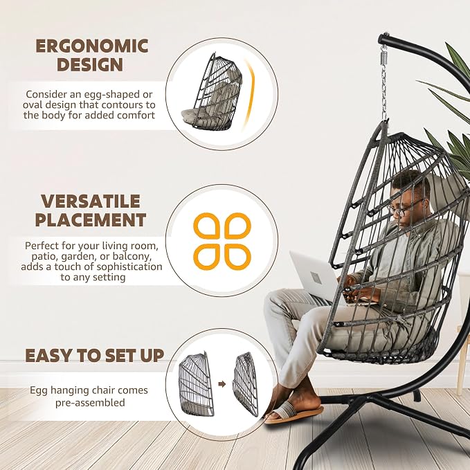 Chihee Egg Chair Foldable Wicker Rattan Hanging Swing Chair Indoor Outdoor - Image 6