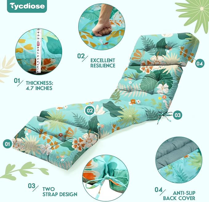 Outdoor Chaise Lounge Chair Cushion Set of 4, Waterproof 74.4 x 22 x 4.7 Inches - Image 5