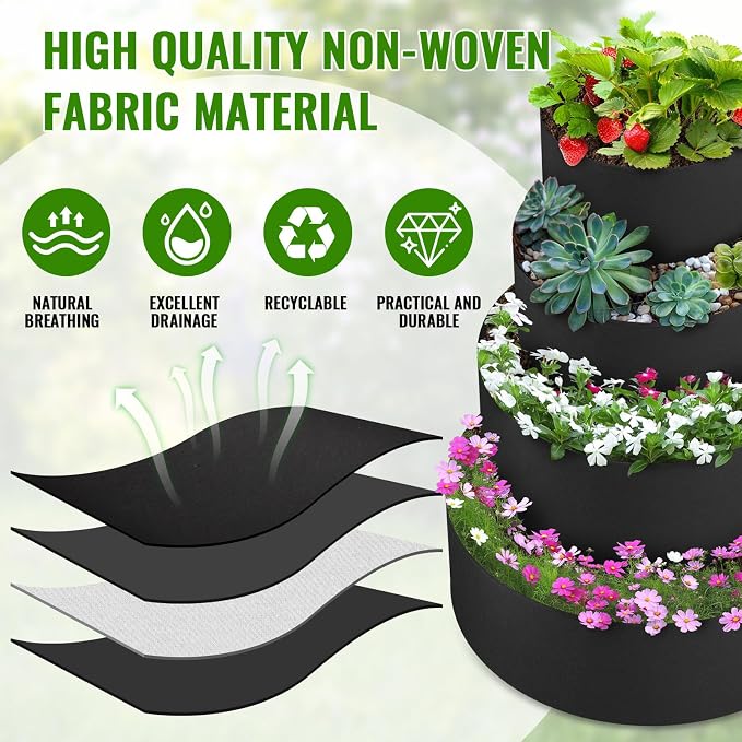 4 Pcs Plant Grow Bags 4 Tiered Strawberry Planter Tower Fabric Raised Garden - Image 3